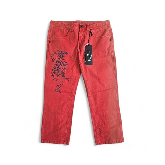 Ice Iceberg Dragon Print Ankle Capri Fitted Jeans Red 29 - Picture 1 of 10